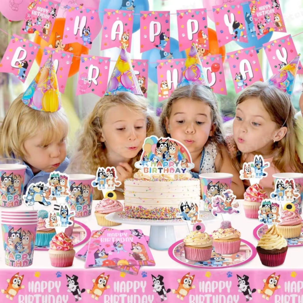 Pink Bluey Birthday Decorations for Kids Latex Aluminum Foil Balloons Bingo Theme Party Event Supplies Disposable Tableware Toys