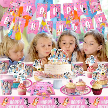 Pink Bluey Birthday Decorations for Kids Latex Aluminum Foil Balloons Bingo Theme Party Event Supplies Disposable Tableware Toys