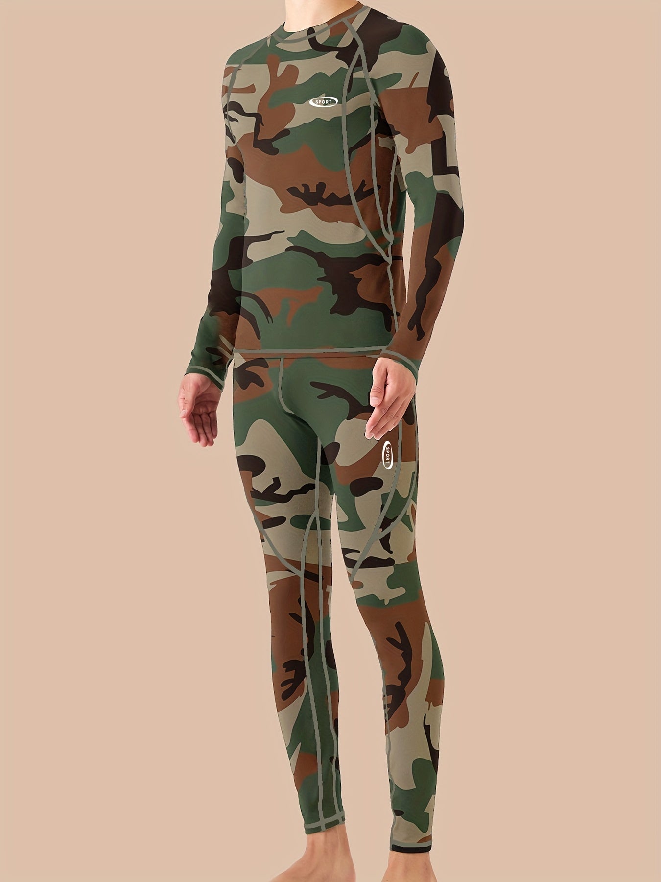 Camouflage Print Thermal Underwear For Men, Long Johns Set With Fleece, Winter Hunting Outdoor Running Cycling Ski Equipment Sports Yoga Fitness Base Layer Sport Top & Bottom