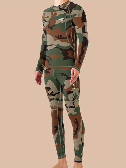 Camouflage Print Thermal Underwear For Men, Long Johns Set With Fleece, Winter Hunting Outdoor Running Cycling Ski Equipment Sports Yoga Fitness Base Layer Sport Top & Bottom