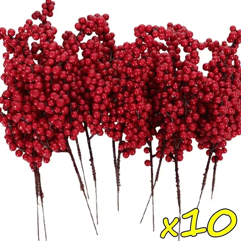 Christmas Artificial Red Berries Branch Fake Plants Flowers Holly Berry Stamen Wreath Ornaments for Xmas Tree Party Home Decor