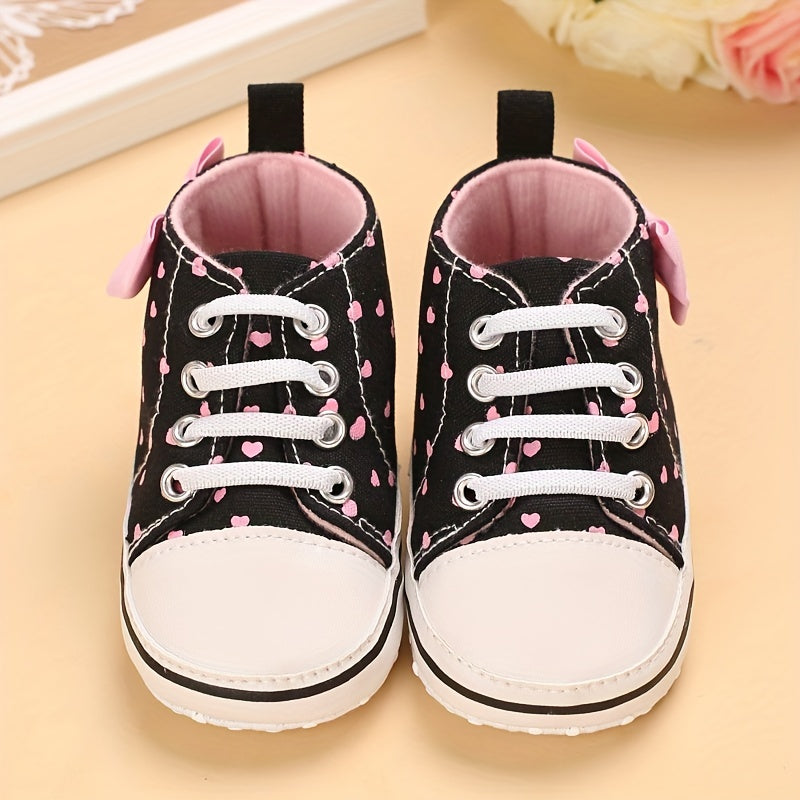 Baby Girls Heart Printed Lightweight Skate Shoes With Bowknot, Comfortable Non-slip Sport Walking Toddler Shoes, Fall Beauty World Shop