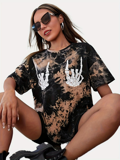 Women's Casual Loose Fit Tee With Skull Hand Print, Streetwear Style, Short Sleeve Sport T-Shirt, Tie-Dye Pattern, Breathable Top Beauty World Shop