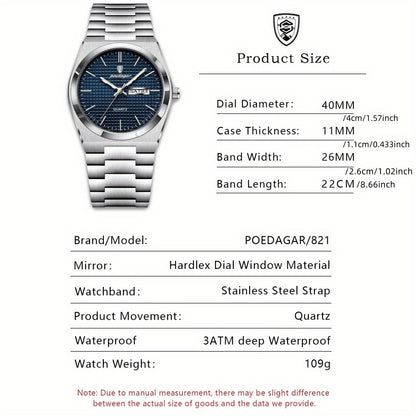 POEDAGAR Men's Luxury Sport Watch, Military Luminous Date Week, Stainless Steel Quartz, Casual Style, Pointer Display, Electronic Movement, Zinc Alloy Case, Stainless Steel Band, Round Dial Beauty World Shop