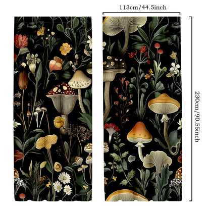 2Pcs Classic Polyester Mushroom and Moth Curtains, Retro Forest Pattern Drapes for Bedroom, 52X84 Inches, Nature-Inspired Home D