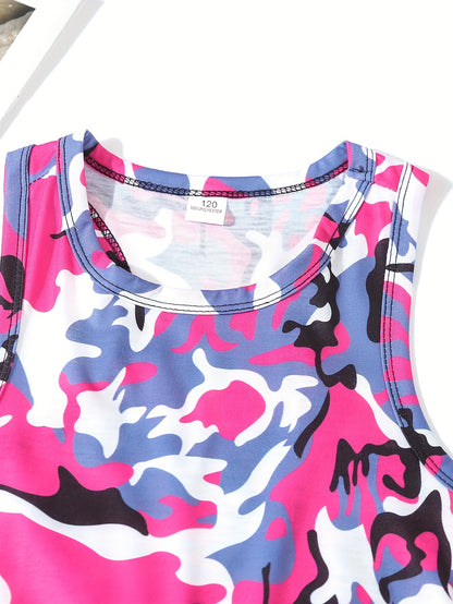 2sets/4pcs Letters Print Camouflage Sleeveless Vest Top + Pants Set For Girls - Versatile And Trendy Sport Set - Summer Wear - Perfect Gift for Active Girls