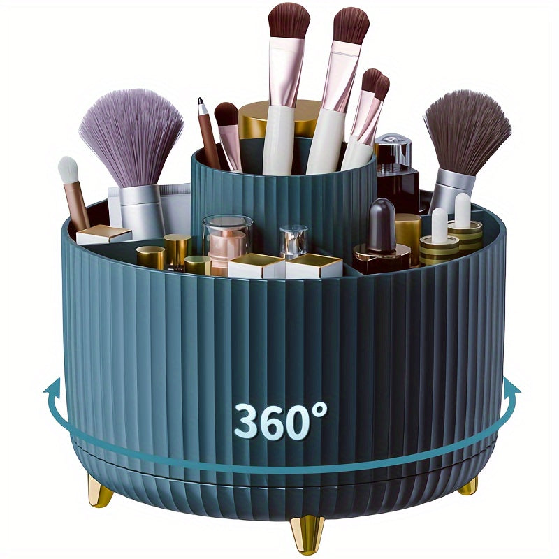 360° Rotating Makeup Organizer - 1pc Plastic Cosmetic Storage with 5 Compartments - Multi-Functional Holder for Brushes, Lipsticks, Skin Care Products, and Stationery - Durable Unscented Desk Caddy with Luxury Stripe Design Beauty Fashion