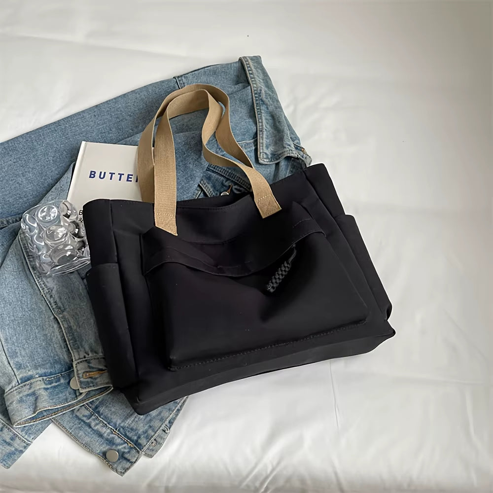 Nylon Tote Bag with Multiple Pocket Lightweight Foldable Design for Office Commute Shopping Fitness Storage Handbag Shoulder Bag