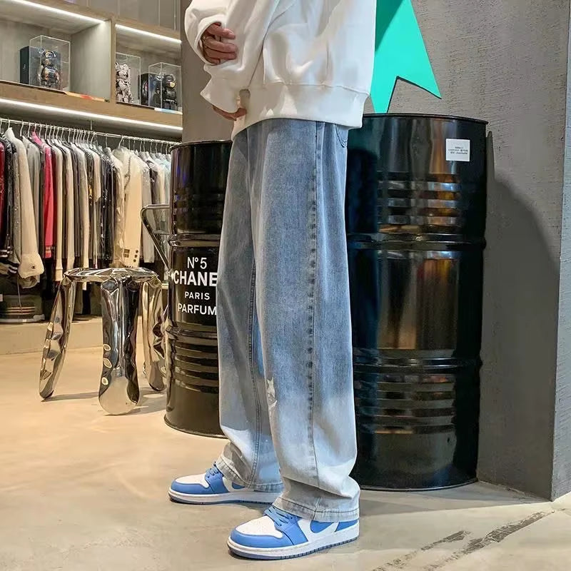 Harajuku Smile Print Baggy Pants Men Streetwear Wide Leg Oversize Jeans Vintage Y2K Straight Long Trousers Male 2024 Fashion