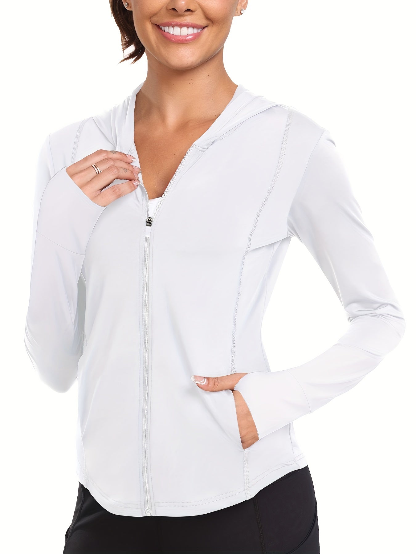 Women's Full-Zip Long Sleeve Sport Shirt with Thumbhole Design - Moisture-Wicking Protection Yoga Running Top, Light Blue All-Season Machine Washable Activewear, Running Shirt | Sporty Look | Stretchable Fabric Beauty World Shop