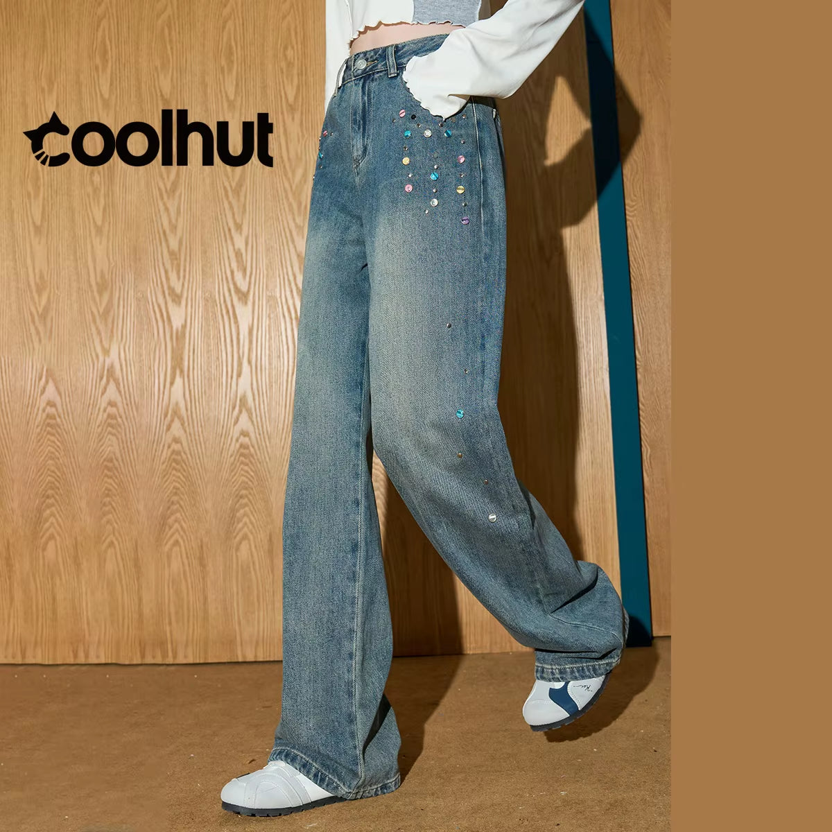 2025 High Waist Straight Wide Leg Flare Denim Pants Women Vintage Beaded Casual American Style Floor Length Draped Jeans