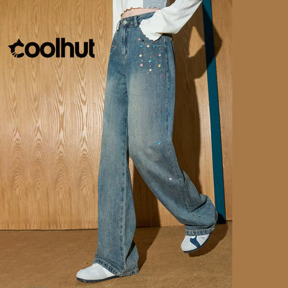 2025 High Waist Straight Wide Leg Flare Denim Pants Women Vintage Beaded Casual American Style Floor Length Draped Jeans