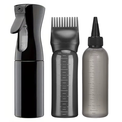 3-Pcs Plastic Refillable Continuous Spray Bottles, Root Comb Applicator Bottle & Squeeze Bottle Set Dye Hair Oil Applicator