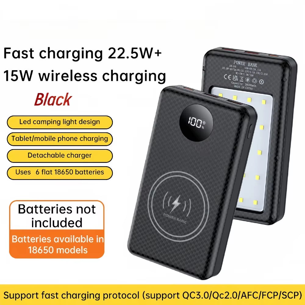 6*18650 20000Mah Power Bank Case 22.5W Fast Charging 15W Wireless Charging Mobile Power Bank Housing Battery Holder for Phone
