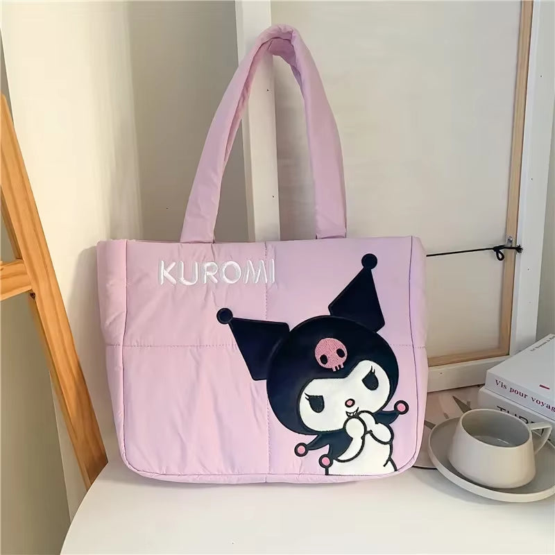 Sanrio Cartoon Fabric Kuromi Handbag Cute Stationery Shoulder Bag Large Capacity Bag 2024