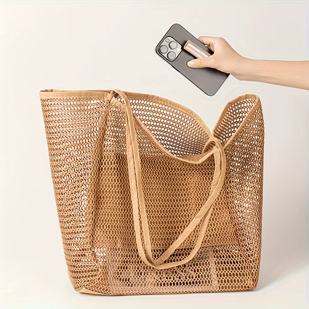 Women'S Large Capacity Beach Tote Bag - Durable Polyester Woven Shoulder Bag with Open Top for Travel, Shopping