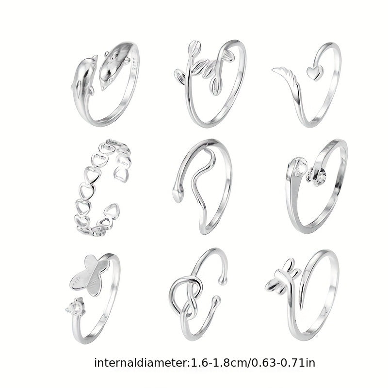 9 PCS Butterfly Open Foot Ring Set Love Geometric Hollow Adjustable Beach Toe Ring Beauty Fashion