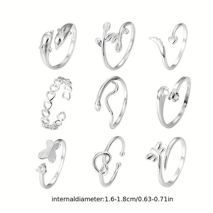 9 PCS Butterfly Open Foot Ring Set Love Geometric Hollow Adjustable Beach Toe Ring Beauty Fashion