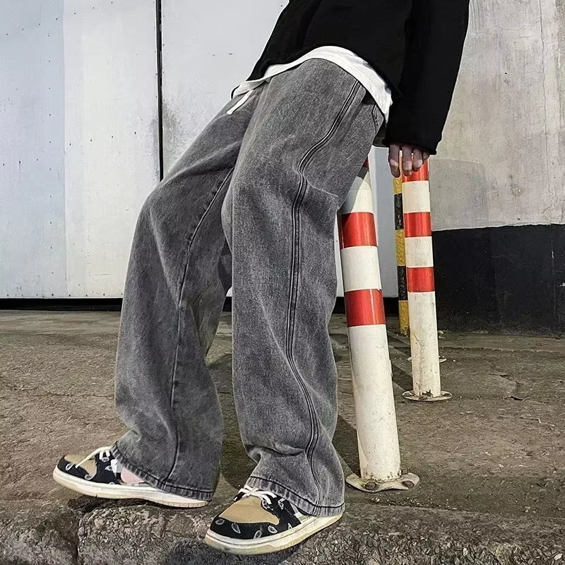 2024 New Streetwear Loose Jeans Men Korean Style Fashion Loose Straight Wide Leg Pants Men'S Brand Clothing Black Light Blue