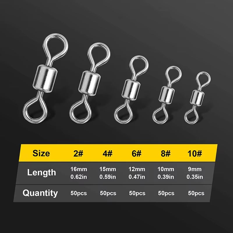 250Pcs/Set Fishing Connector 2 4 6 8 10 Fishing Barrel Bearing Rolling Swivel Solid Ring Lures Fishing Accessories