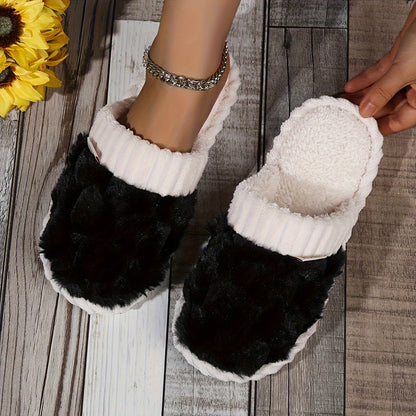 Colorblock Faux Fur Slippers, Casual Slip On Plush Lined Shoes, Comfortable Indoor Home Slippers Beauty Fashion