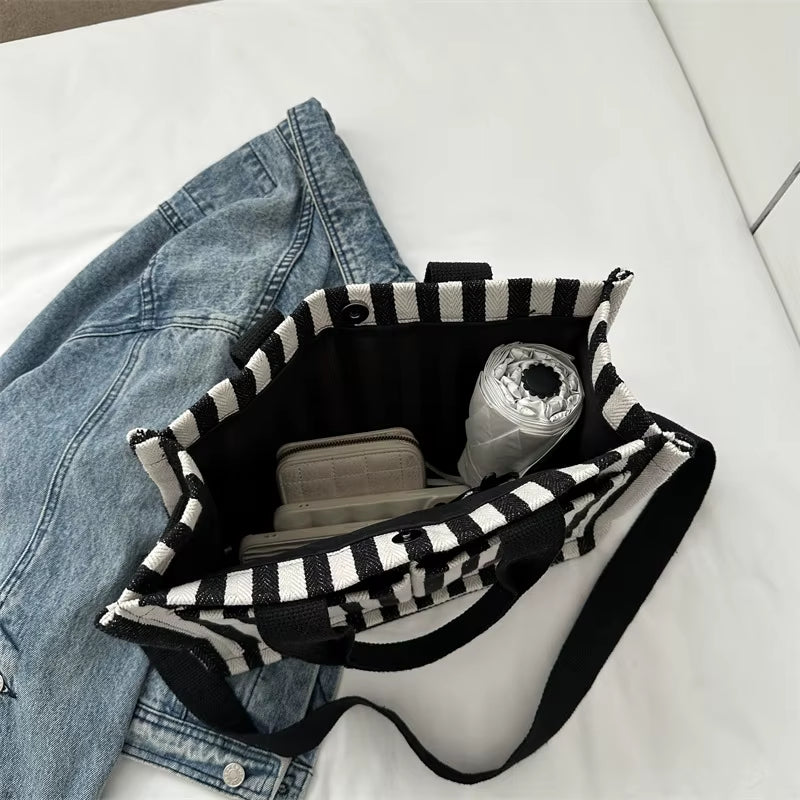 Cool Street Handbag, Large Capacity Women'S Shoulder Bag, Trendy Striped Canvas Crossbody Bag, Fashion Travel Shopping Tote Bag