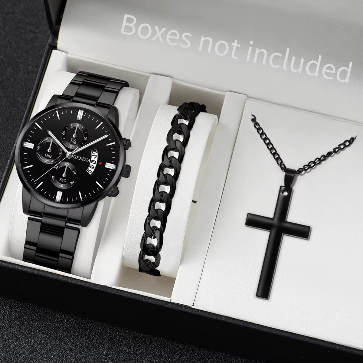 3PCS Men'S Watch Set Business Trend Classic round Dial Quartz Watch Bracelet Necklace Set Perfect Gift for Friends or Dad