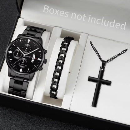3PCS Men'S Watch Set Business Trend Classic round Dial Quartz Watch Bracelet Necklace Set Perfect Gift for Friends or Dad