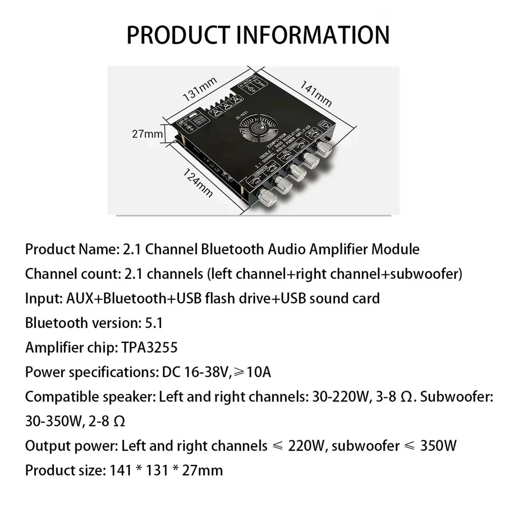 2*220W+350W Bluetooth 5.1 TPA3255 Audio Stereo Subwoofer Amplifier Board 2.1 Channel Class D Theater Equalizer Amp AS21 AUX