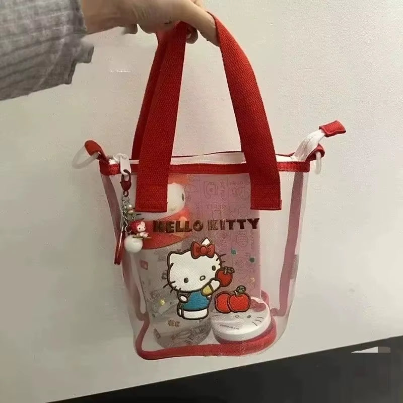 New Hello Kitty Mesh Tote Bag Cartoon Bento Bag Portable Large Capacity Hand-Held Crossbody Bag Outdoor Portable Bag