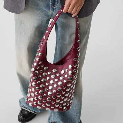 Punk Style Embellished Double-Faced round Rivet Inlaid Niche Luxury Bucket Bag Chic Lady Underarm Large Capacity Shoulder Bag