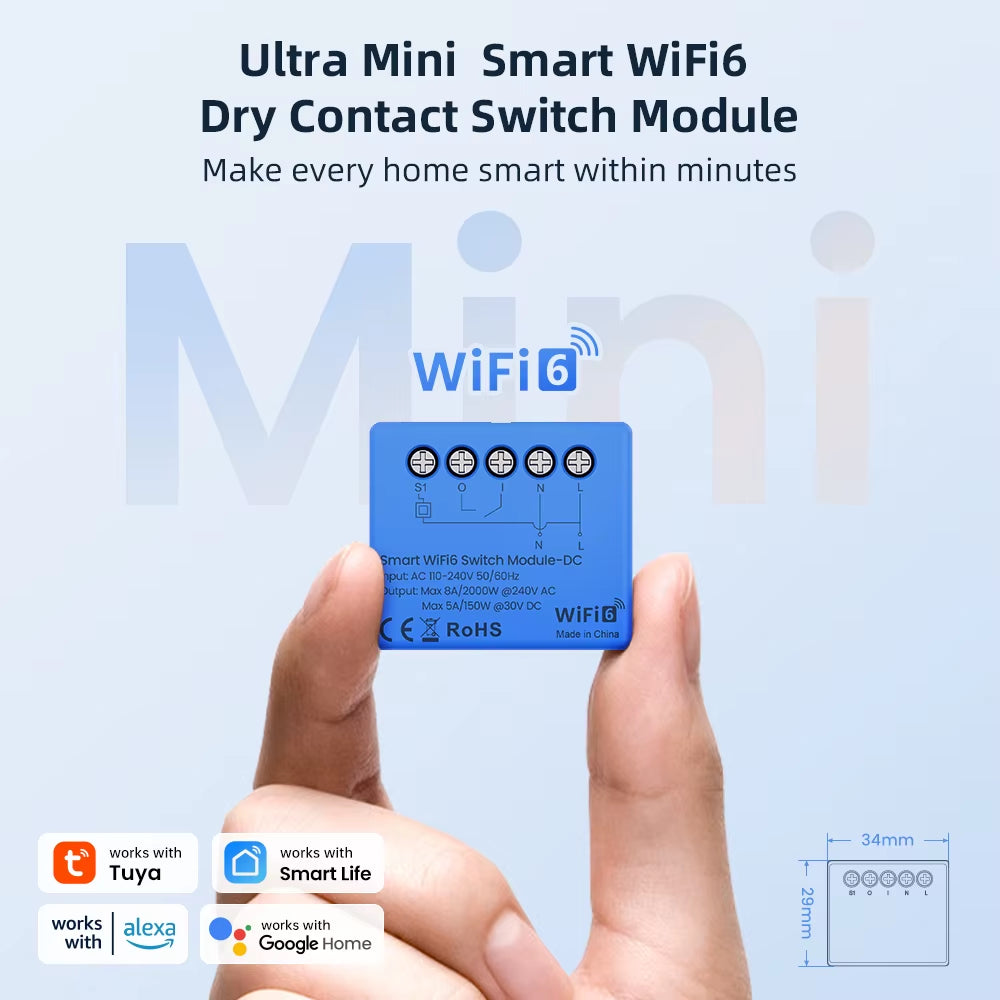 Mini Smart Wifi6 Dry Contact Switch Module,Smart Life APP Remote Control,Wrok for Alexa Google Home