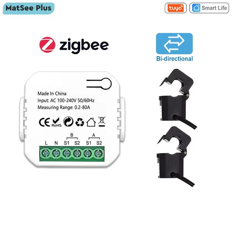 Tuya Smart Zigbee Energy Meter Bidirection 1, 2 Channel with Current Transformer Clamp App Monitor Power 80A 110V/240V 50/60Hz