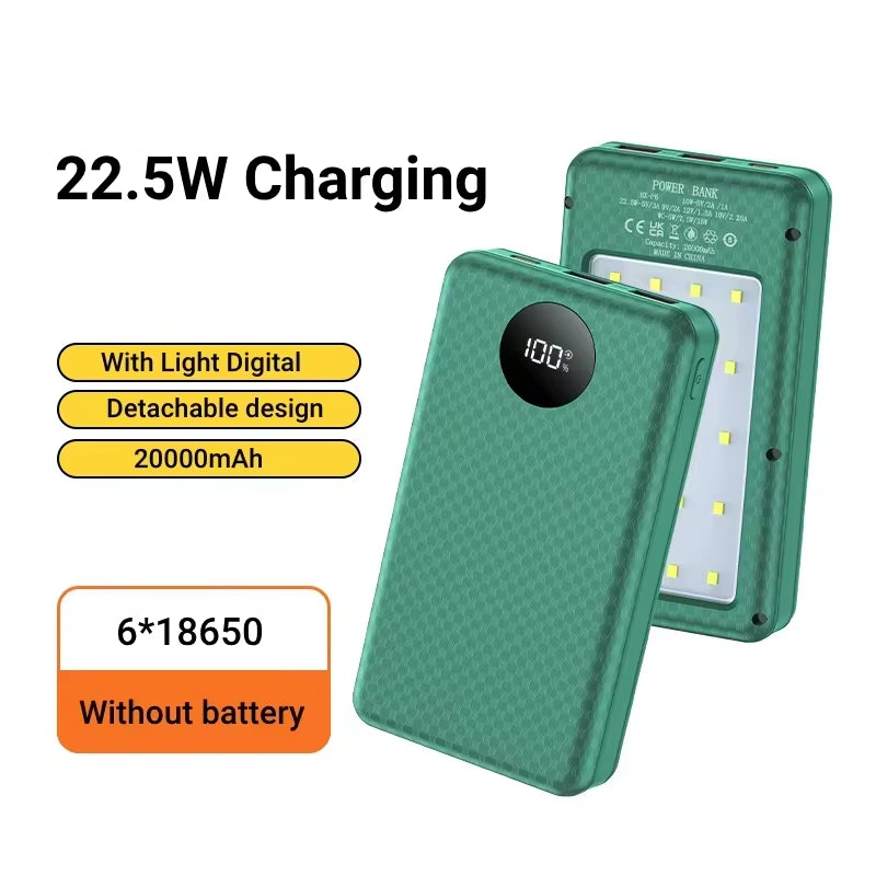 6*18650 20000Mah Power Bank Case 22.5W Fast Charging 15W Wireless Charging Mobile Power Bank Housing Battery Holder for Phone