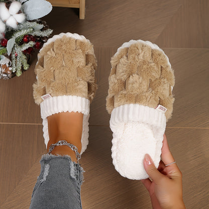 Colorblock Faux Fur Slippers, Casual Slip On Plush Lined Shoes, Comfortable Indoor Home Slippers Beauty Fashion