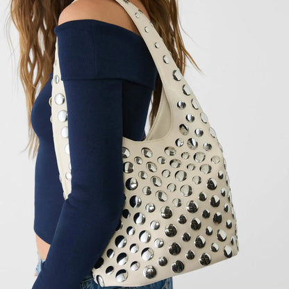 Punk Style Embellished Double-Faced round Rivet Inlaid Niche Luxury Bucket Bag Chic Lady Underarm Large Capacity Shoulder Bag