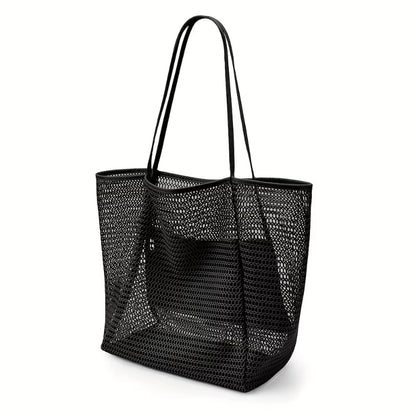 Women'S Large Capacity Beach Tote Bag - Durable Polyester Woven Shoulder Bag with Open Top for Travel, Shopping