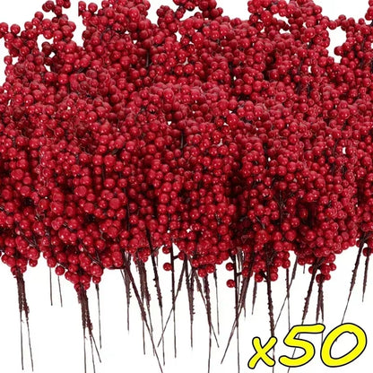 Christmas Artificial Red Berries Branch Fake Plants Flowers Holly Berry Stamen Wreath Ornaments for Xmas Tree Party Home Decor