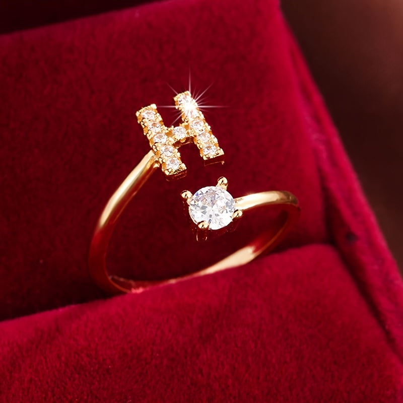 Fashionable 26 English Letters Four-Prong Synthetic Synthetic Zirconia Open Adjustment Ring Beauty Fashion