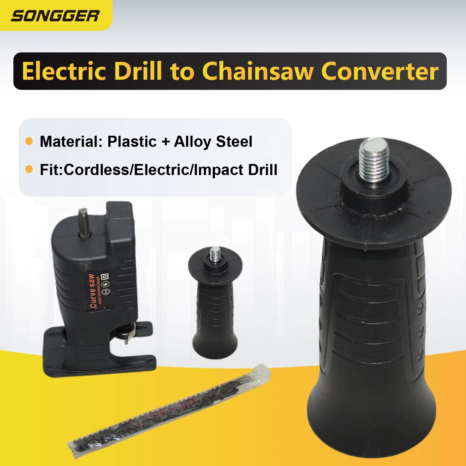 Electric Drill to Chainsaw Converter Accessory Kit ‑ Heavy Duty Alloy Blade for Wood Metal Plastic Sawing Tool Adapter