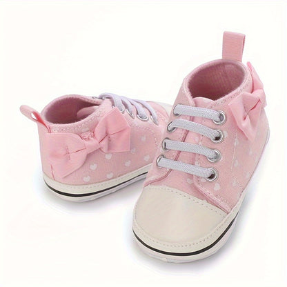 Baby Girls Heart Printed Lightweight Skate Shoes With Bowknot, Comfortable Non-slip Sport Walking Toddler Shoes, Fall Beauty World Shop