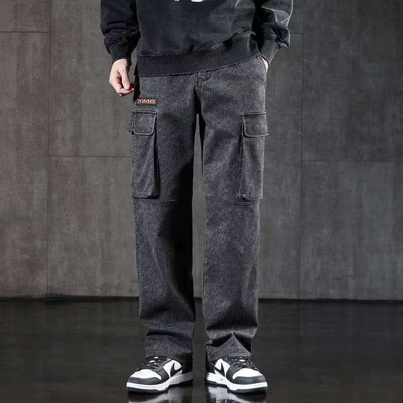 New Men'S Loose Cargo Jeans Outdoor Paratrooper Straight Pants Fashionable Stretch Loose Wide Leg Pants Large Size 4XL 5XL