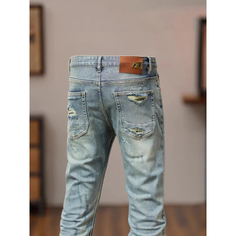 2025 Autumn Retro Light Blue Distressed Jeans for Men American Style Trendy Slim Fit Street Style Cool Brand Pants