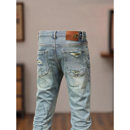 2025 Autumn Retro Light Blue Distressed Jeans for Men American Style Trendy Slim Fit Street Style Cool Brand Pants