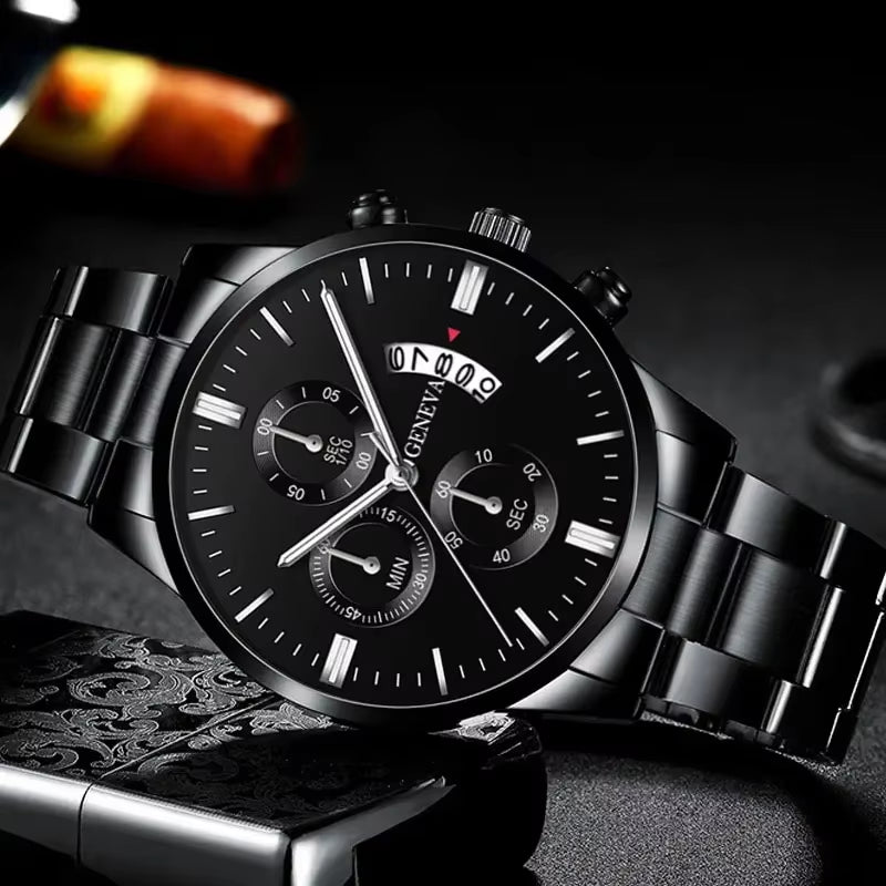 3PCS Men'S Watch Set Business Trend Classic round Dial Quartz Watch Bracelet Necklace Set Perfect Gift for Friends or Dad