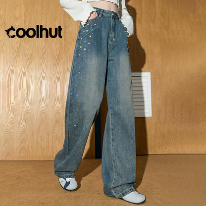 2025 High Waist Straight Wide Leg Flare Denim Pants Women Vintage Beaded Casual American Style Floor Length Draped Jeans