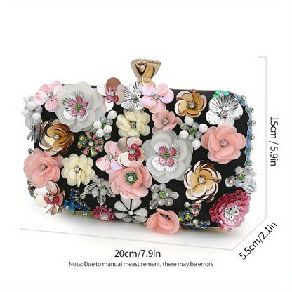 3D Beaded Elegant Evening Bag, Flower Box Clutch Purse for Women's Wedding Party Prom Beauty Fashion