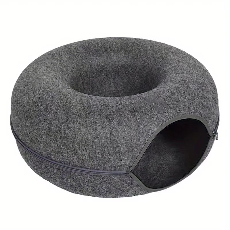 Wool Felt Cat Tunnel Nest – Modern Style Uncharged Donut Bed, Detachable & Washable All-Season Cat House, 1Pc Cozy Cat Condo