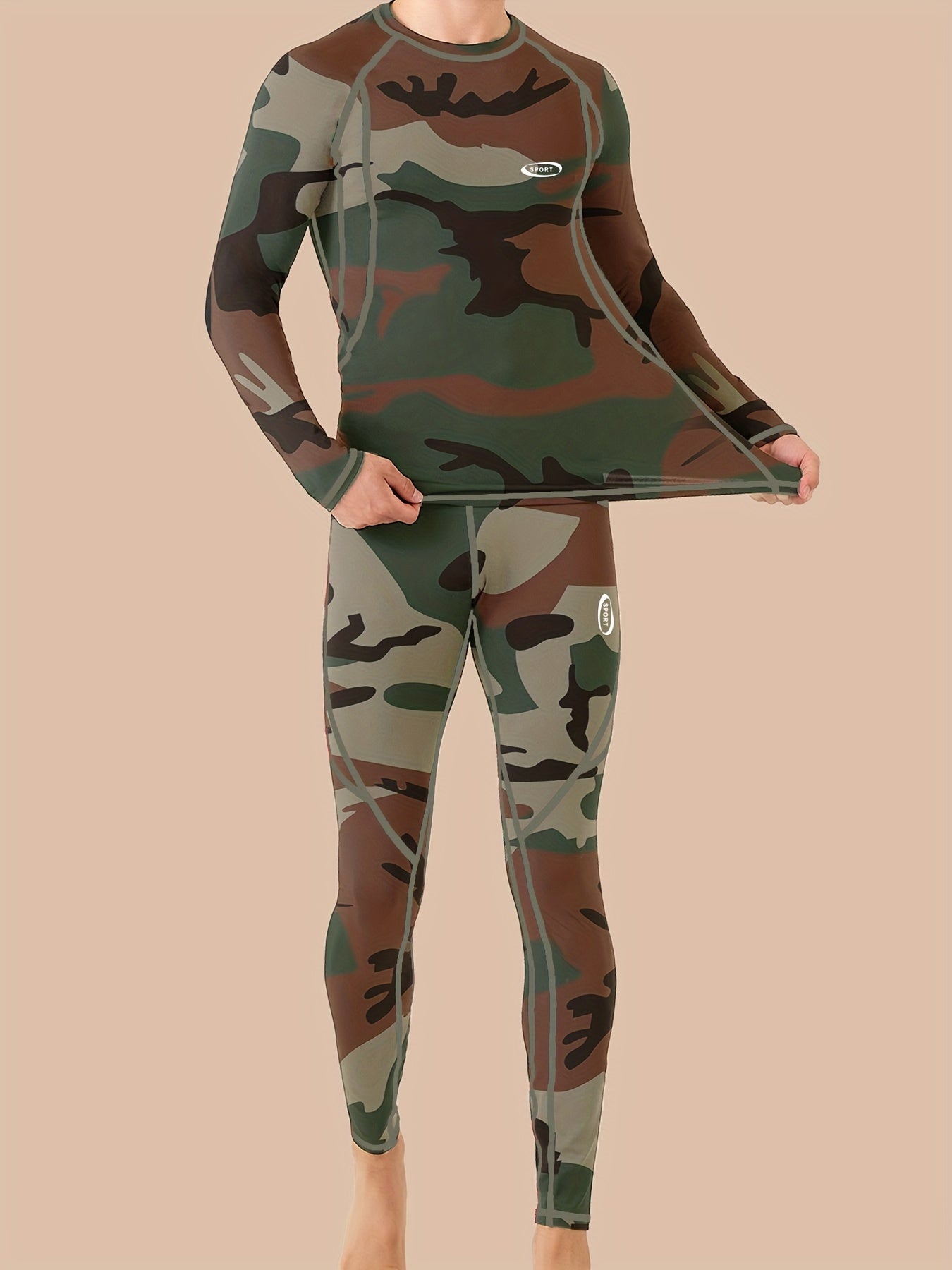Camouflage Print Thermal Underwear For Men, Long Johns Set With Fleece, Winter Hunting Outdoor Running Cycling Ski Equipment Sports Yoga Fitness Base Layer Sport Top & Bottom
