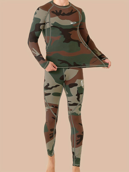 Camouflage Print Thermal Underwear For Men, Long Johns Set With Fleece, Winter Hunting Outdoor Running Cycling Ski Equipment Sports Yoga Fitness Base Layer Sport Top & Bottom